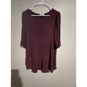 Speechless‎ Womens Burgundy Swiss Dot Tiered Babydoll Tunic Top V-Neck Large